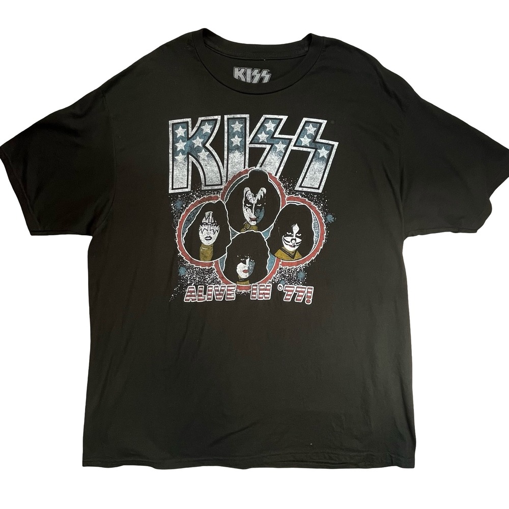 KISS Mens T-Shirt Black Alive In 77 Graphic Rock Band Merch Vintage Style XXL